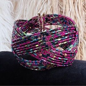 Fuchsia Multistrand Seed Bead adjustable cuff Bracelet